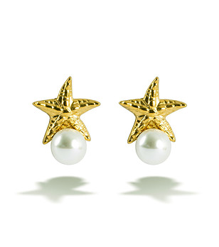 Златисти обеци тип ботан със звездовидна форма и бяла перла снимка