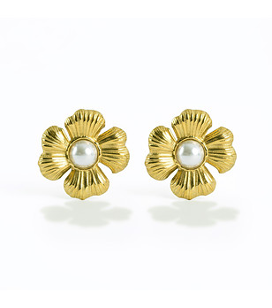 Златисти обеци тип цвете с перлен елемент снимка