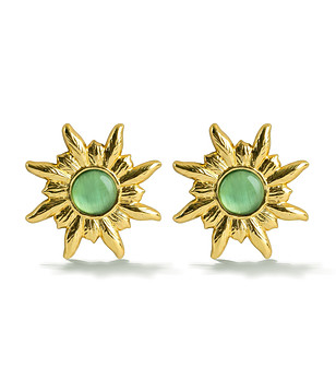 Златисти обеци тип слънце със зелени камъни снимка