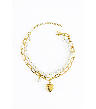 Златист дамски гривна с перли и сърце снимка