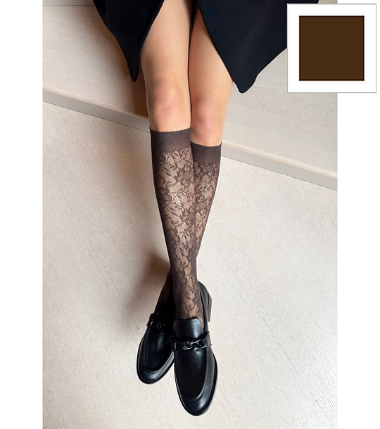 Кафяви дамски чорапи до коляното с флорален десен BELLAROSA снимка