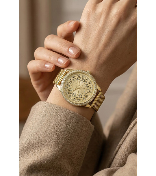 Дамски златист кварцов часовник с декориран циферблат  снимка