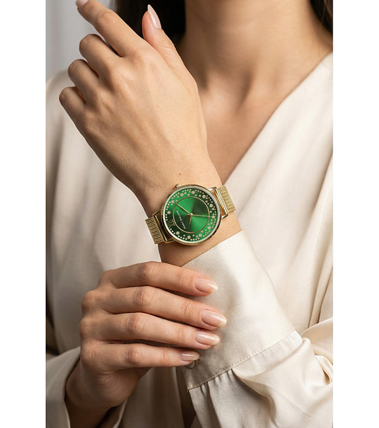 Дамски златист часовник с зелен циферблат и кристали снимка