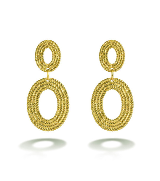 Златисти висящи обеци от неръждаема стомана с овални елементи снимка