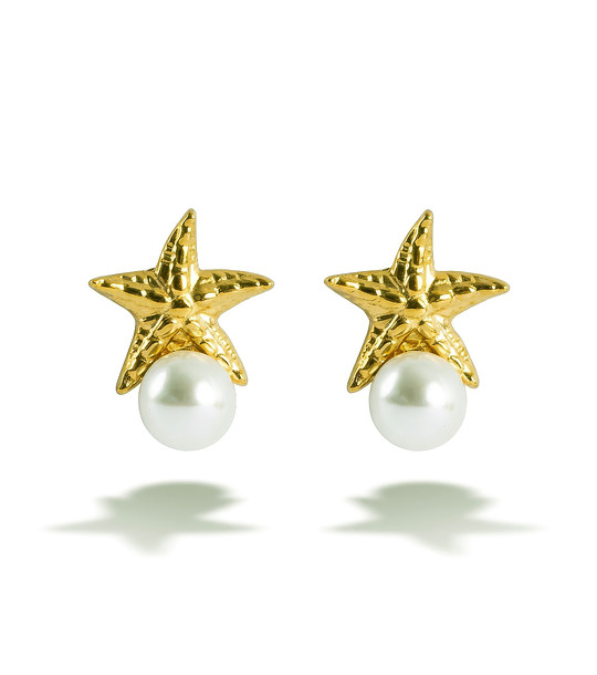 Златисти обеци тип ботан със звездовидна форма и бяла перла снимка