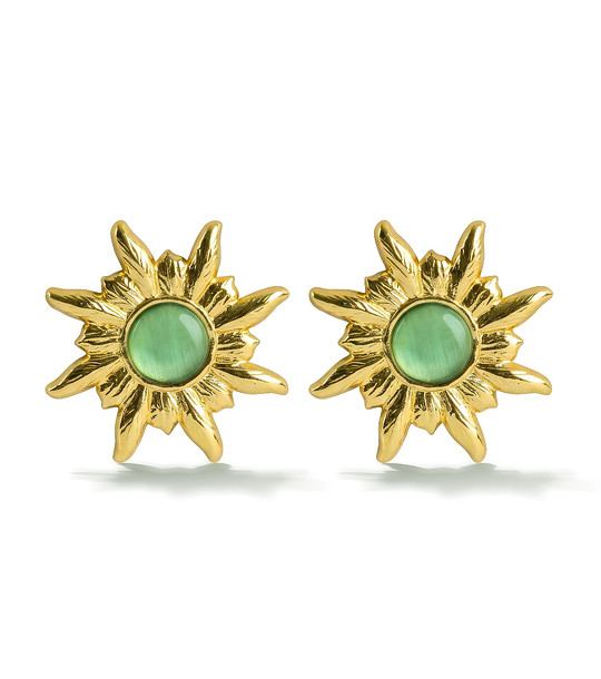 Златисти обеци тип слънце със зелени камъни снимка