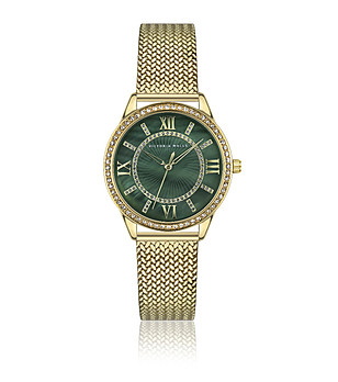 Дамски златист часовник с тъмнозелен перлен циферблат снимка