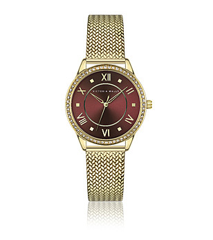 Дамски златист кварцов часовник с бордо циферблат снимка