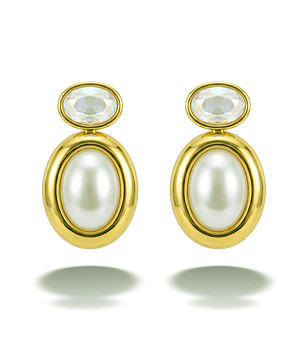 Златисти обеци с бяла перла и кристал снимка