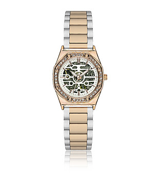 Дамски автоматичен часовник в розово злато с двуцветна верижка  снимка