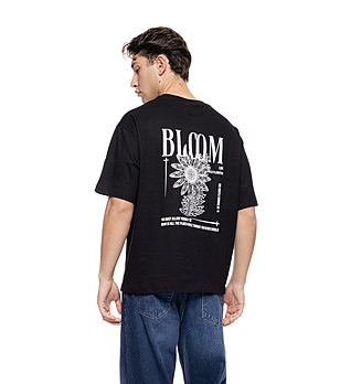 Черна мъжка памучна овърсайз тениска с щампа BLOOM снимка