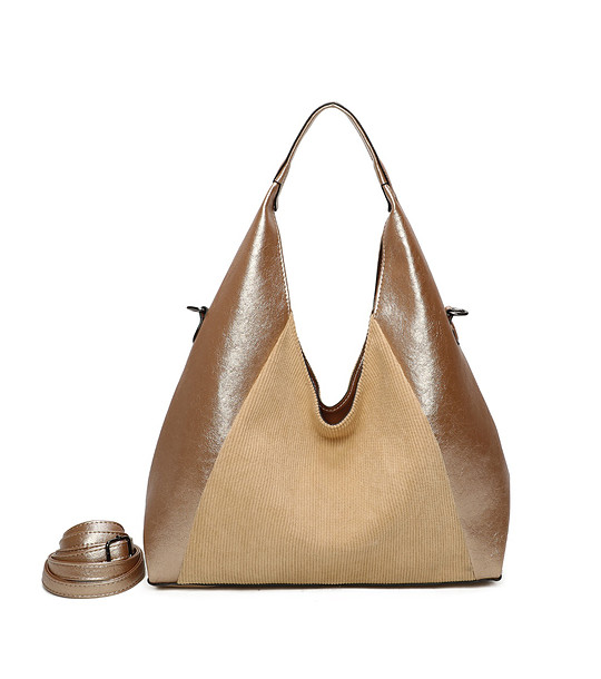 Дамска чанта в златисто и кафе с текстилен панел снимка