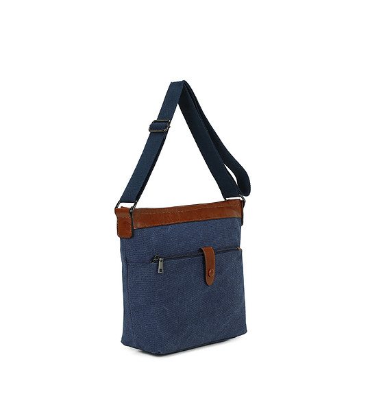 Синя чанта през рамо с кафяви детайли снимка