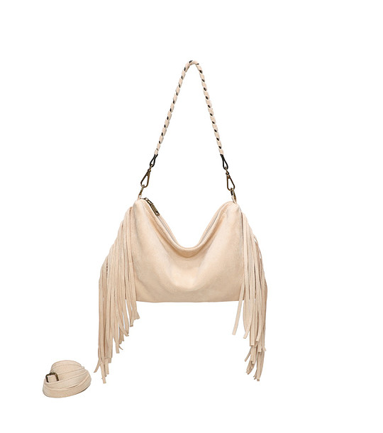 Дамска чанта в цвят крем с ресни снимка