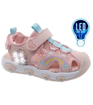Детски розови сандали с еднорог и LED светлини снимка