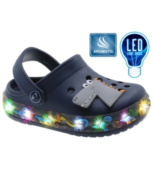 Детски тъмносини чехли с LED светлини и динозаври снимка