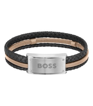 Мъжка черно-бежова гривна от кожа Boss снимка
