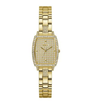 Златист дамски часовник с правоъгълен корпус Guess снимка
