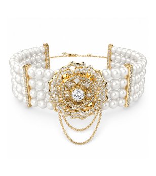 Дамска бяла гривна с перлени мъниста и златист елемент Guess снимка