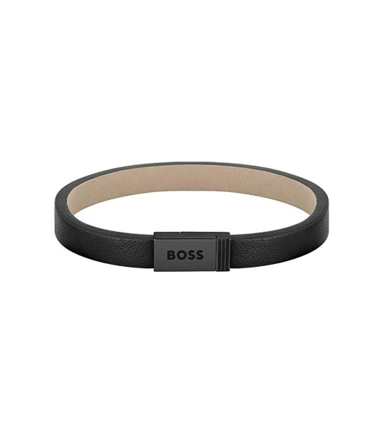 Черна кожена гривна с магнитно закопчаване BOSS снимка