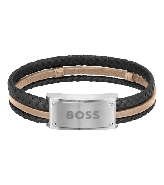 Мъжка черно-бежова гривна от кожа Boss снимка