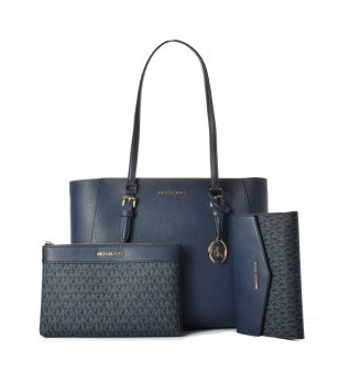 Дамска тъмносиня чанта тип шопър с несесер и портфейл Michael Kors снимка
