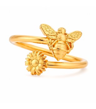 Златист дамски пръстен тип халка с пчела и цвете Alex And Ani снимка