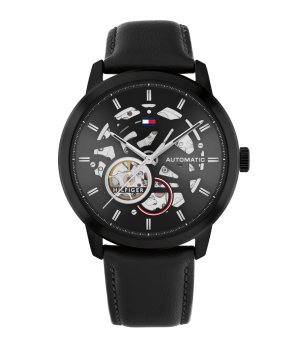 Мъжки черен часовник с кожена каишка и скелетон циферблат Tommy Hilfiger снимка