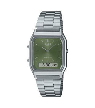 Унисекс сребрист часовник с зелен циферблат Casio снимка