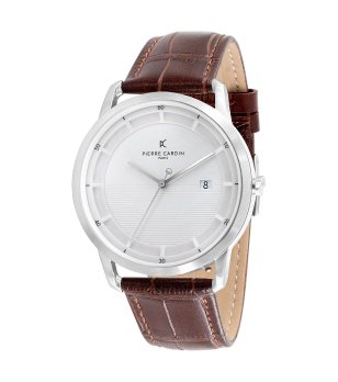 Мъжки сребрист часовник с кафява кожена каишка Pierre Cardin снимка