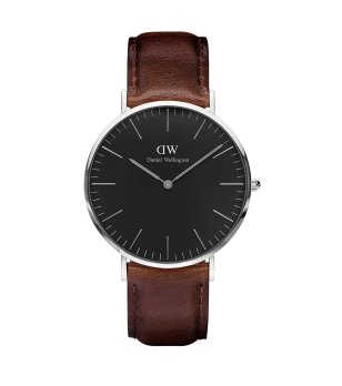 Мъжки сребрист часовник с кафява кожена каишка Daniel Wellington снимка