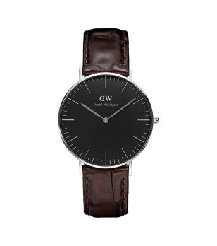 Сребрист часовник с кафява кожена каишка Daniel Wellington снимка