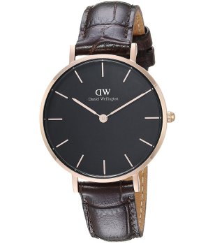 Дамски часовник с кафява кожена каишка и черен циферблат DANIEL WELLINGTON снимка