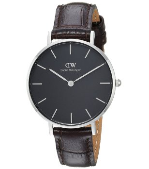 Дамски сребрист часовник с кафява кожена каишка и черен циферблат Daniel Wellington снимка
