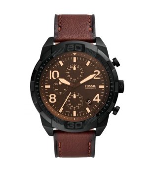 Мъжки черен часовник с кафява кожена каишка Fossil снимка