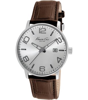 Мъжки сребрист часовник с кафява кожена каишка Kenneth Cole снимка