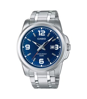 Мъжки сребрист часовник с тъмносин циферблат Casio снимка