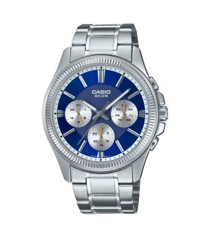 Мъжки сребрист часовник със син мултифункционален циферблат Casio снимка