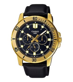 Мъжки златист ръчен часовник с черна кожена каишка Casio снимка