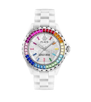 Дамски бял керамичен часовник с цветни инкрустации PLEIN CHRONO ROYAL 46 MM снимка
