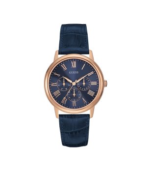 Мъжки тъмносин часовник с кожена каишка Guess снимка
