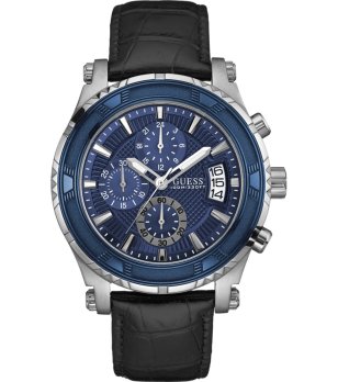 Мъжки син аналогов часовник с черна кожена каишка Guess снимка