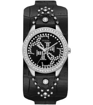 Дамски черен часовник с широка кожена каишка Guess снимка