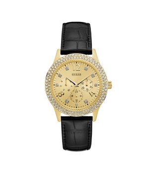 Дамски златист часовник с черна кожена каишка Guess Bedazzle снимка