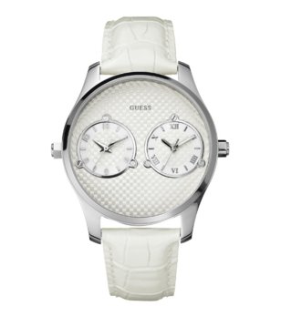Мъжки сребрист кварцов часовник с бяла кожена каишка Guess снимка
