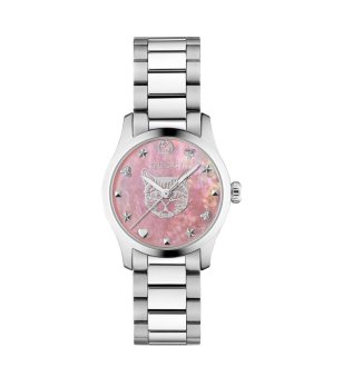 Дамски сребрист часовник с розов циферблат Gucci G-Timeless снимка