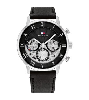 Мъжки черен часовник с кожена каишка Tommy Hilfiger снимка