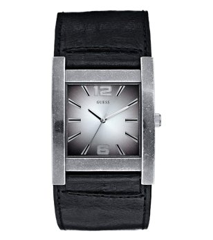 Мъжки сребрист часовник с черна кожена каишка Guess снимка
