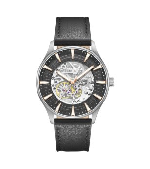 Мъжки сребристосив аналогов часовник с открит механизъм и кожена каишка Kenneth Cole снимка