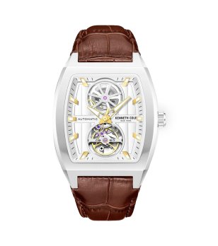 Мъжки сребрист часовник с кафява кожена каишка Kenneth Cole снимка